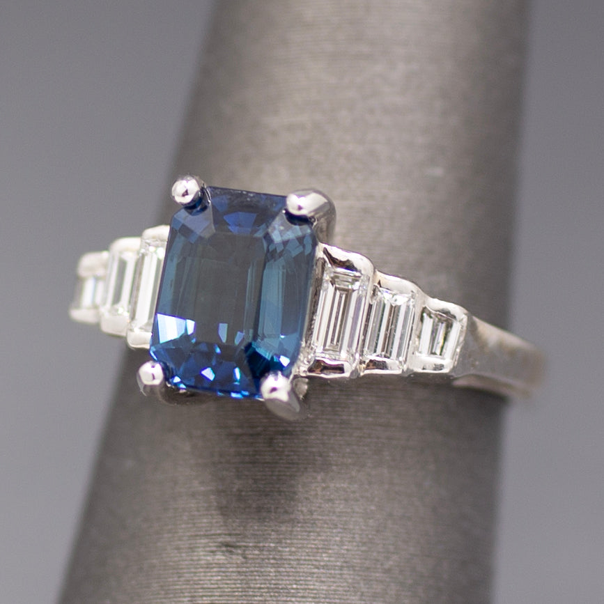 Sleek GIA Certified Blue Sapphire and Baguette Diamond Ring in 18k White Gold