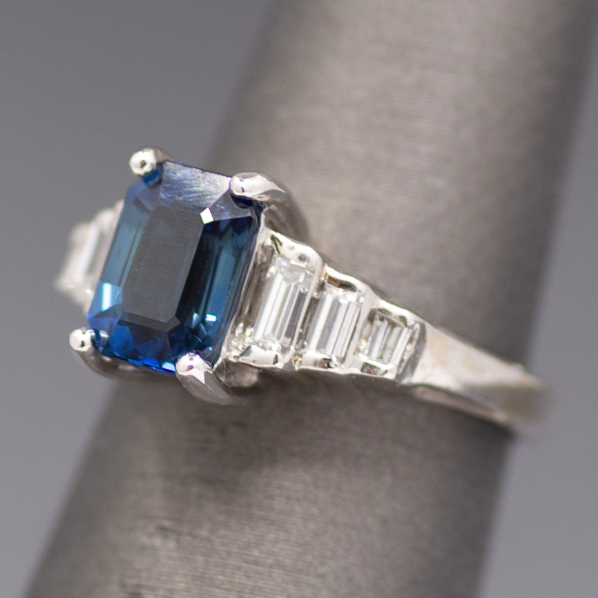 Sleek GIA Certified Blue Sapphire and Baguette Diamond Ring in 18k White Gold