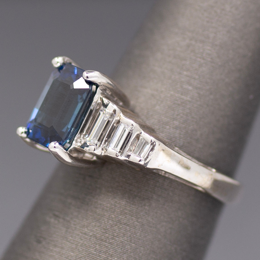 Sleek GIA Certified Blue Sapphire and Baguette Diamond Ring in 18k White Gold