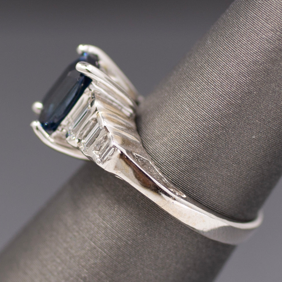 Sleek GIA Certified Blue Sapphire and Baguette Diamond Ring in 18k White Gold