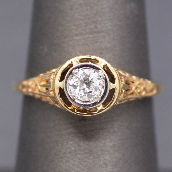 Art Deco Old MineCut Diamond Solitaire in 14k White and Yellow Gold