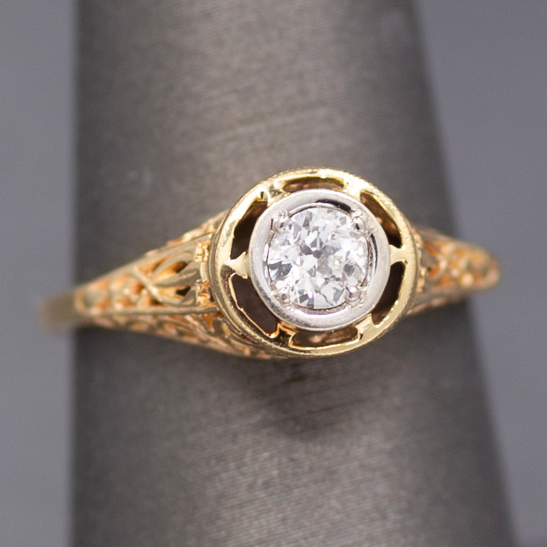 Art Deco Old MineCut Diamond Solitaire in 14k White and Yellow Gold