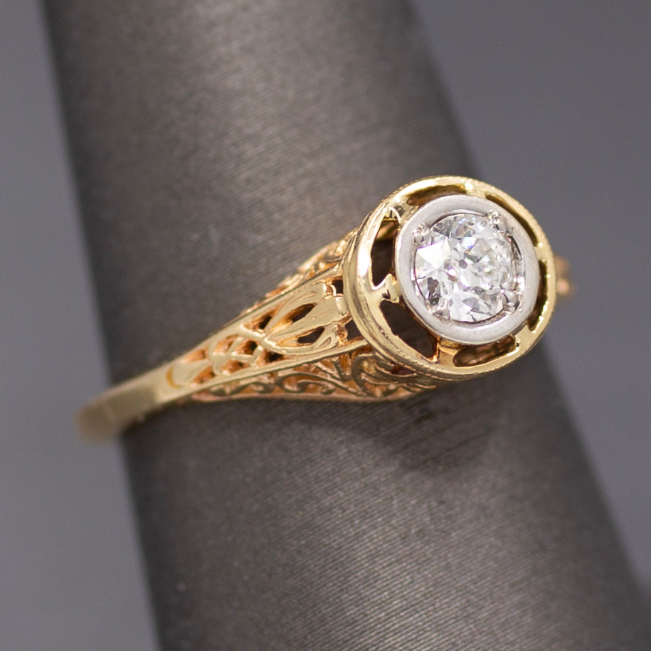 Art Deco Old MineCut Diamond Solitaire in 14k White and Yellow Gold