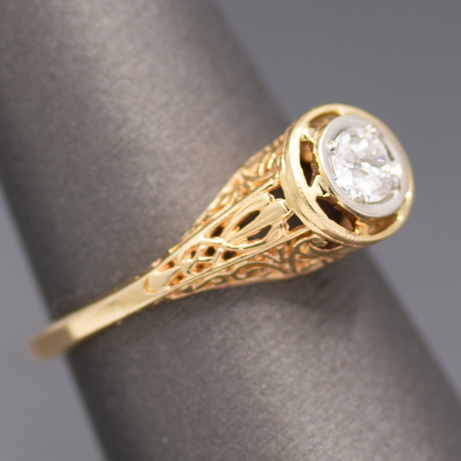 Art Deco Old MineCut Diamond Solitaire in 14k White and Yellow Gold