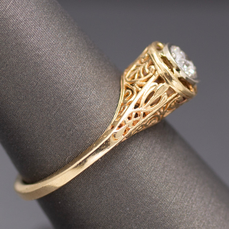 Art Deco Old MineCut Diamond Solitaire in 14k White and Yellow Gold