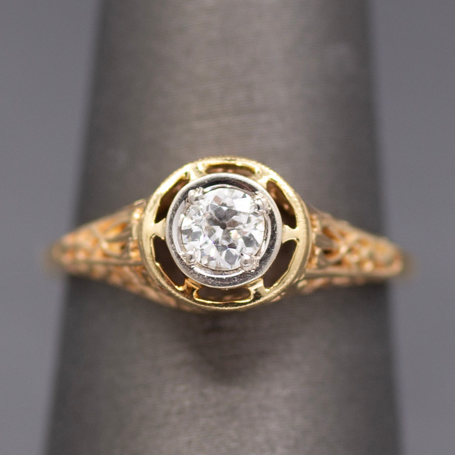 Art Deco Old MineCut Diamond Solitaire in 14k White and Yellow Gold