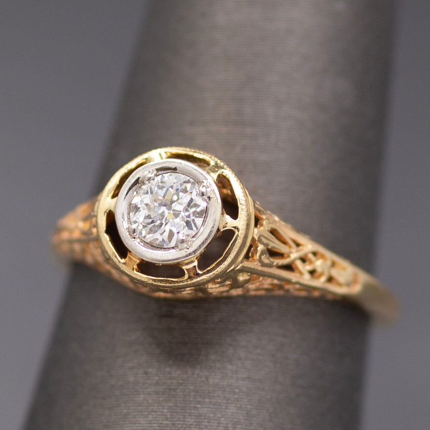 Art Deco Old MineCut Diamond Solitaire in 14k White and Yellow Gold
