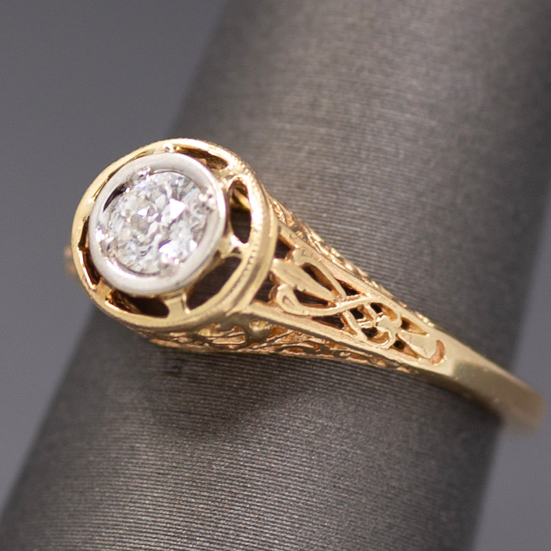 Art Deco Old MineCut Diamond Solitaire in 14k White and Yellow Gold
