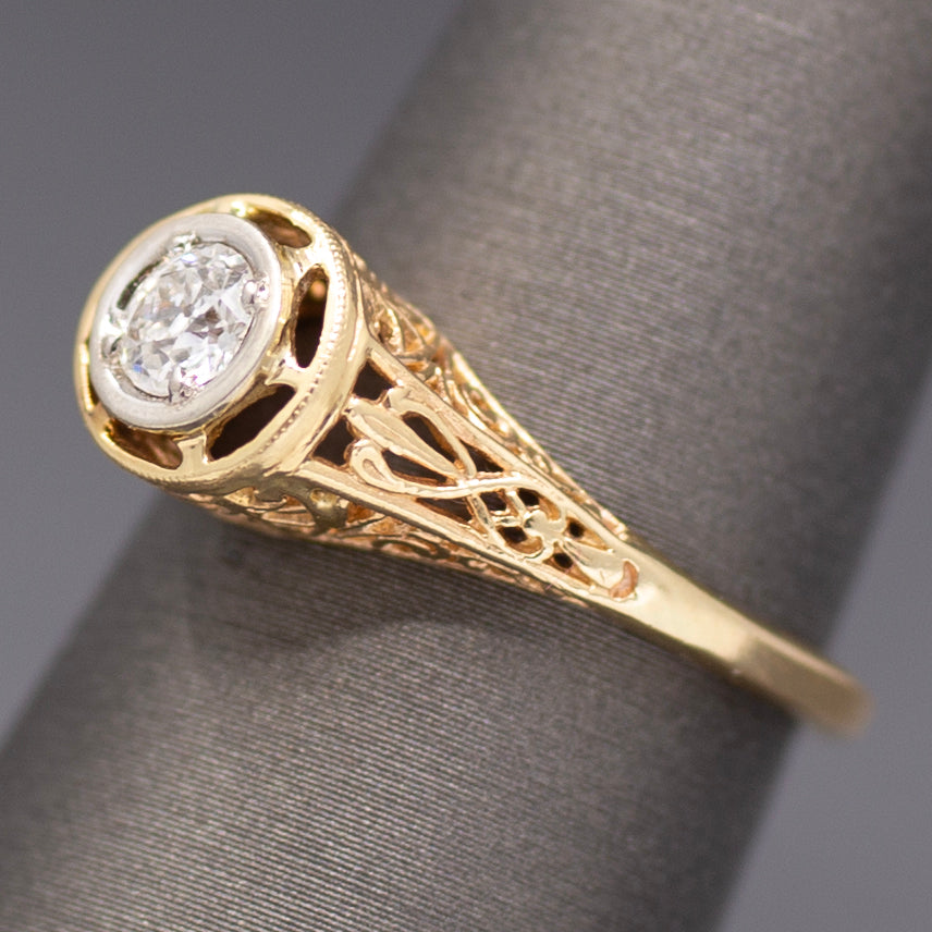 Art Deco Old MineCut Diamond Solitaire in 14k White and Yellow Gold