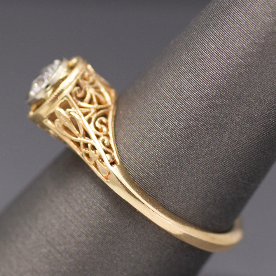 Art Deco Old MineCut Diamond Solitaire in 14k White and Yellow Gold