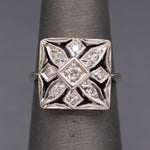 Late Art Deco Square Pierced Old Cut Diamond Ring in 14k White Gold