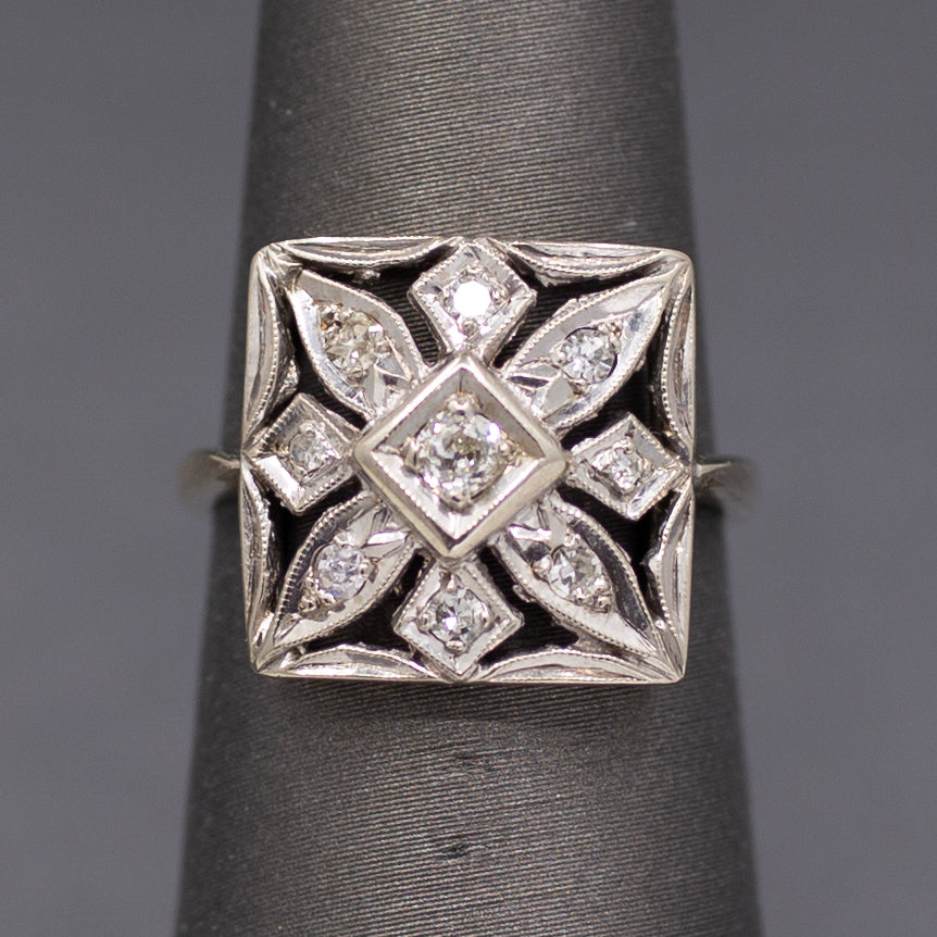 Late Art Deco Square Pierced Old Cut Diamond Ring in 14k White Gold
