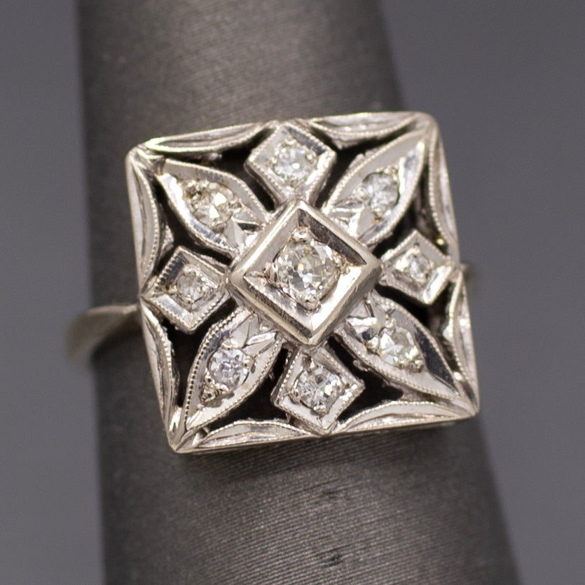 Late Art Deco Square Pierced Old Cut Diamond Ring in 14k White Gold