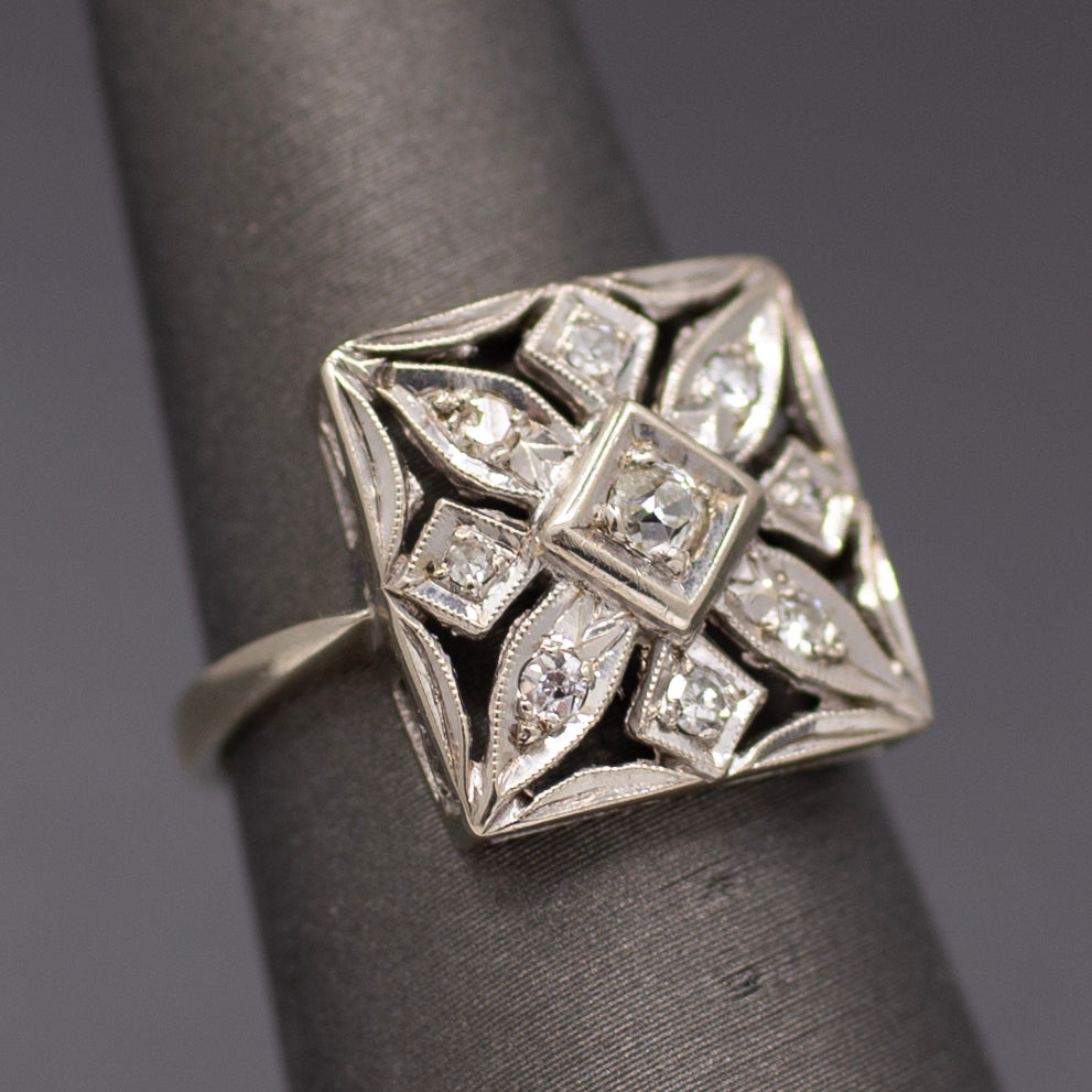 Late Art Deco Square Pierced Old Cut Diamond Ring in 14k White Gold
