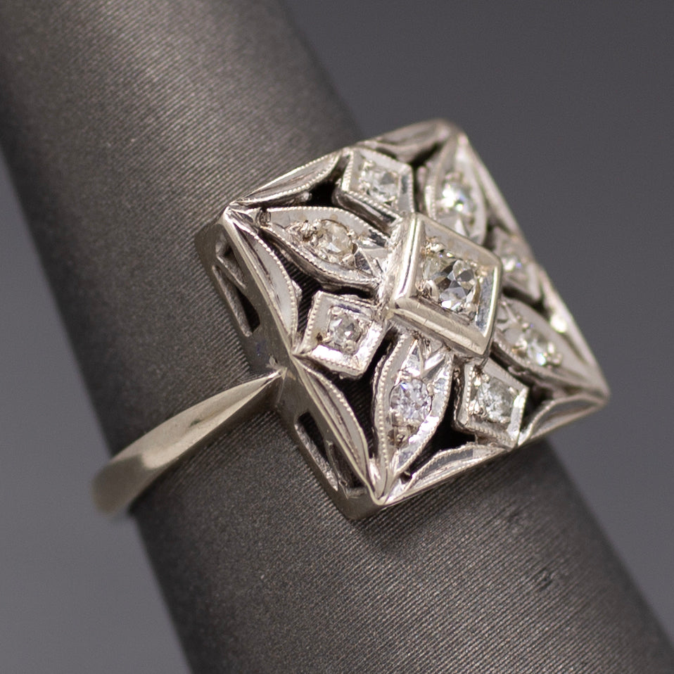 Late Art Deco Square Pierced Old Cut Diamond Ring in 14k White Gold
