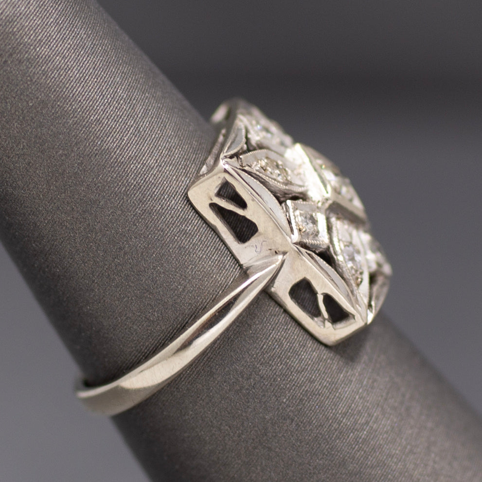 Late Art Deco Square Pierced Old Cut Diamond Ring in 14k White Gold