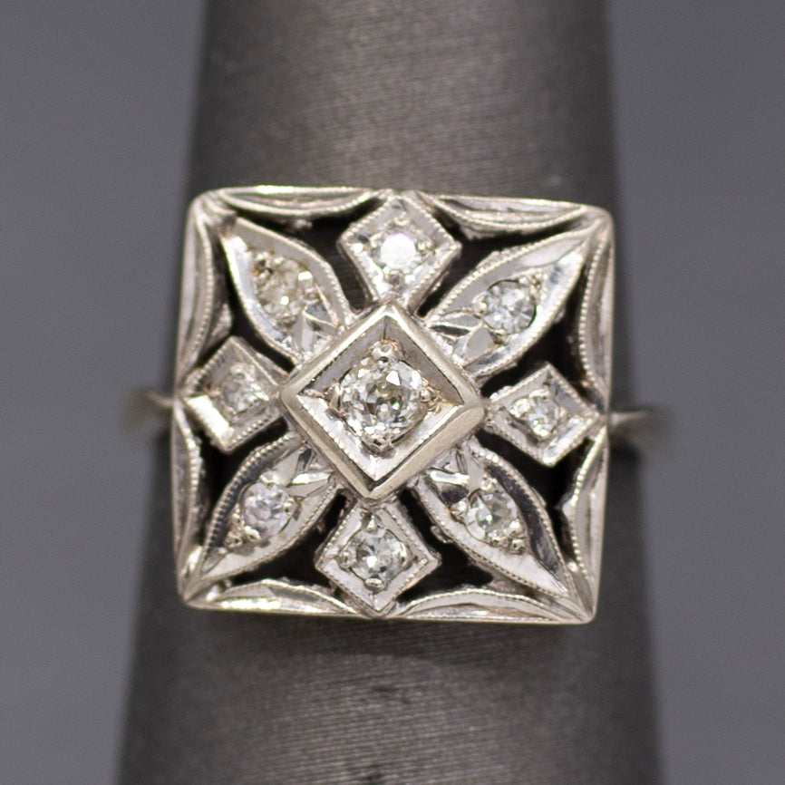 Late Art Deco Square Pierced Old Cut Diamond Ring in 14k White Gold