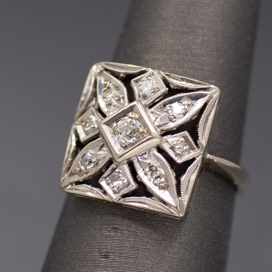 Late Art Deco Square Pierced Old Cut Diamond Ring in 14k White Gold