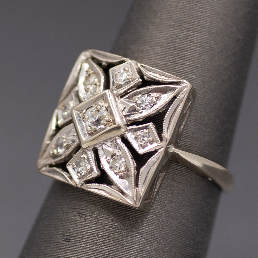 Late Art Deco Square Pierced Old Cut Diamond Ring in 14k White Gold