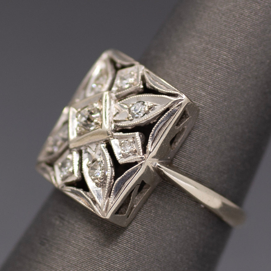 Late Art Deco Square Pierced Old Cut Diamond Ring in 14k White Gold