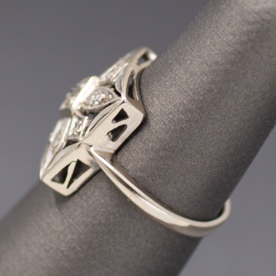 Late Art Deco Square Pierced Old Cut Diamond Ring in 14k White Gold