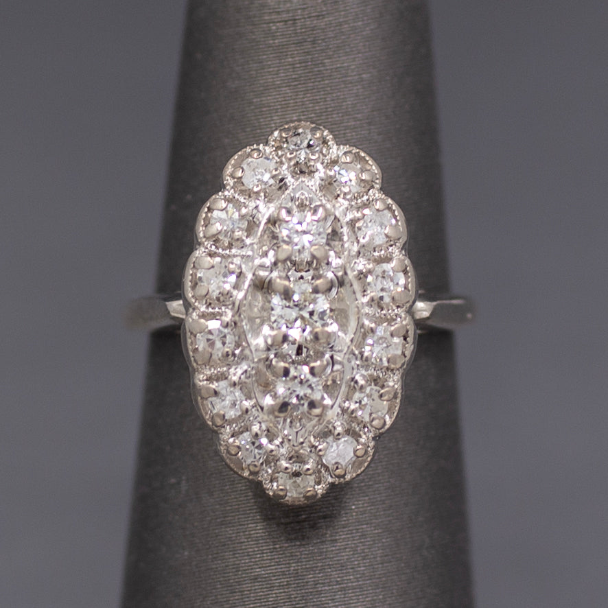 Late Art Deco Diamond Petite Navette Cluster Ring in 14k White Gold