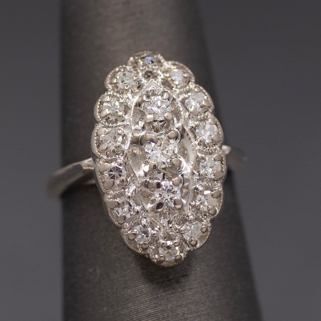 Late Art Deco Diamond Petite Navette Cluster Ring in 14k White Gold