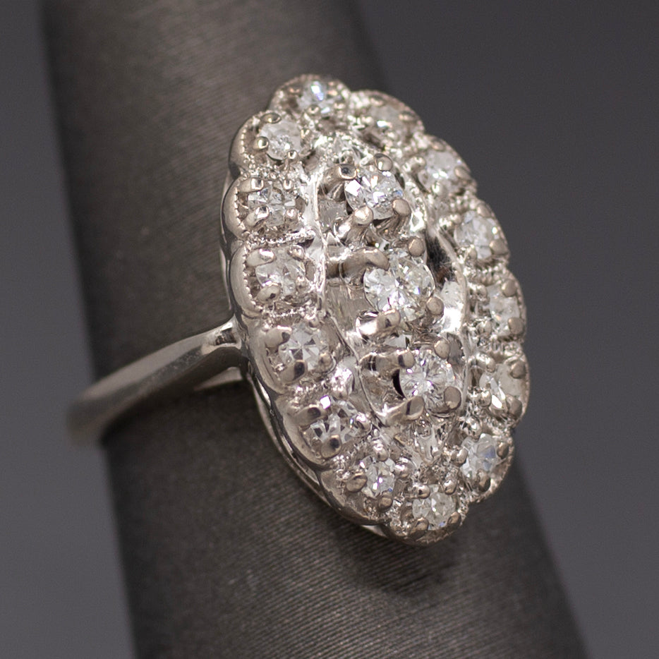 Late Art Deco Diamond Petite Navette Cluster Ring in 14k White Gold