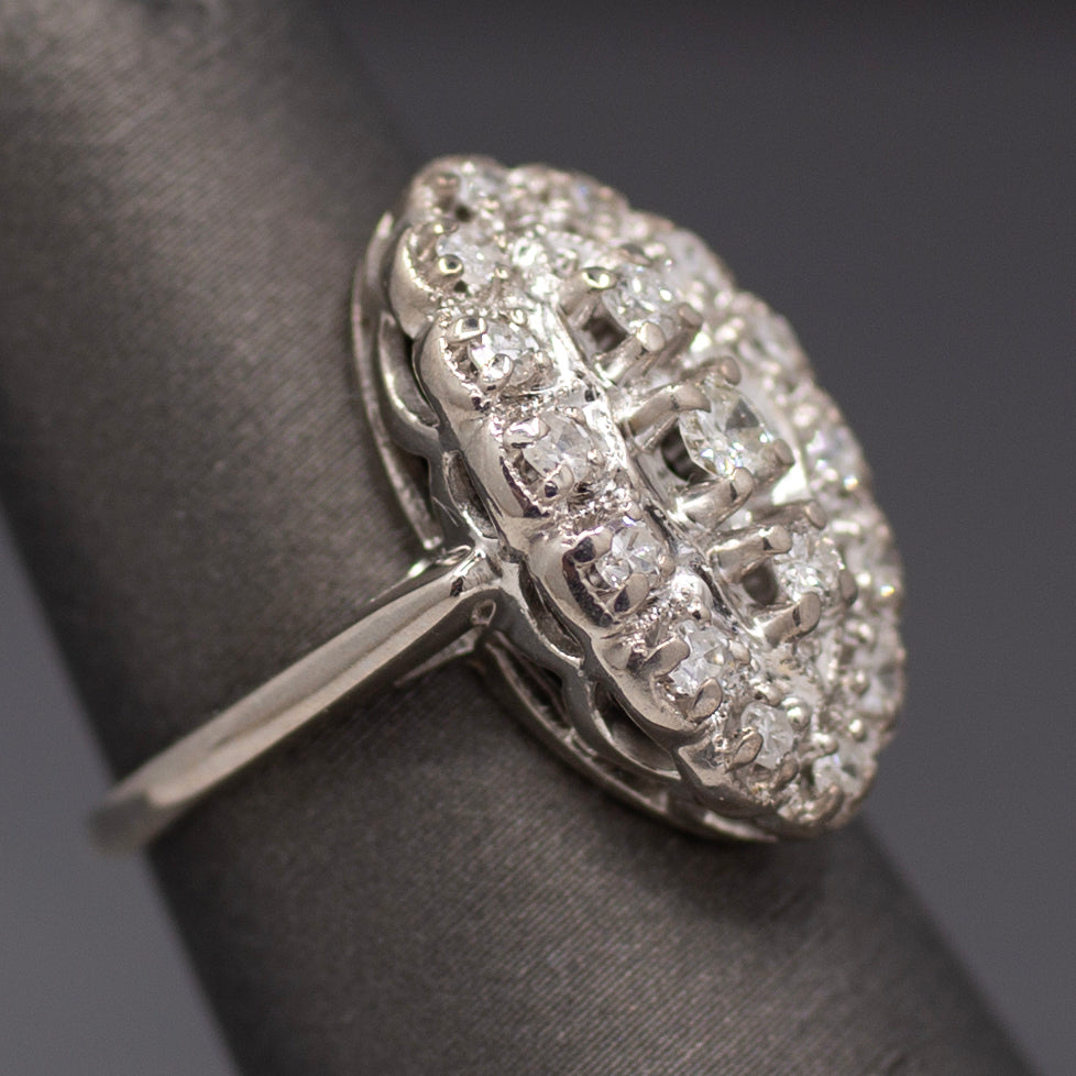 Late Art Deco Diamond Petite Navette Cluster Ring in 14k White Gold