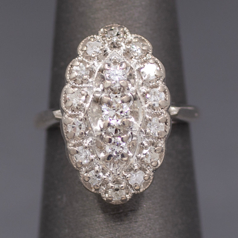 Late Art Deco Diamond Petite Navette Cluster Ring in 14k White Gold