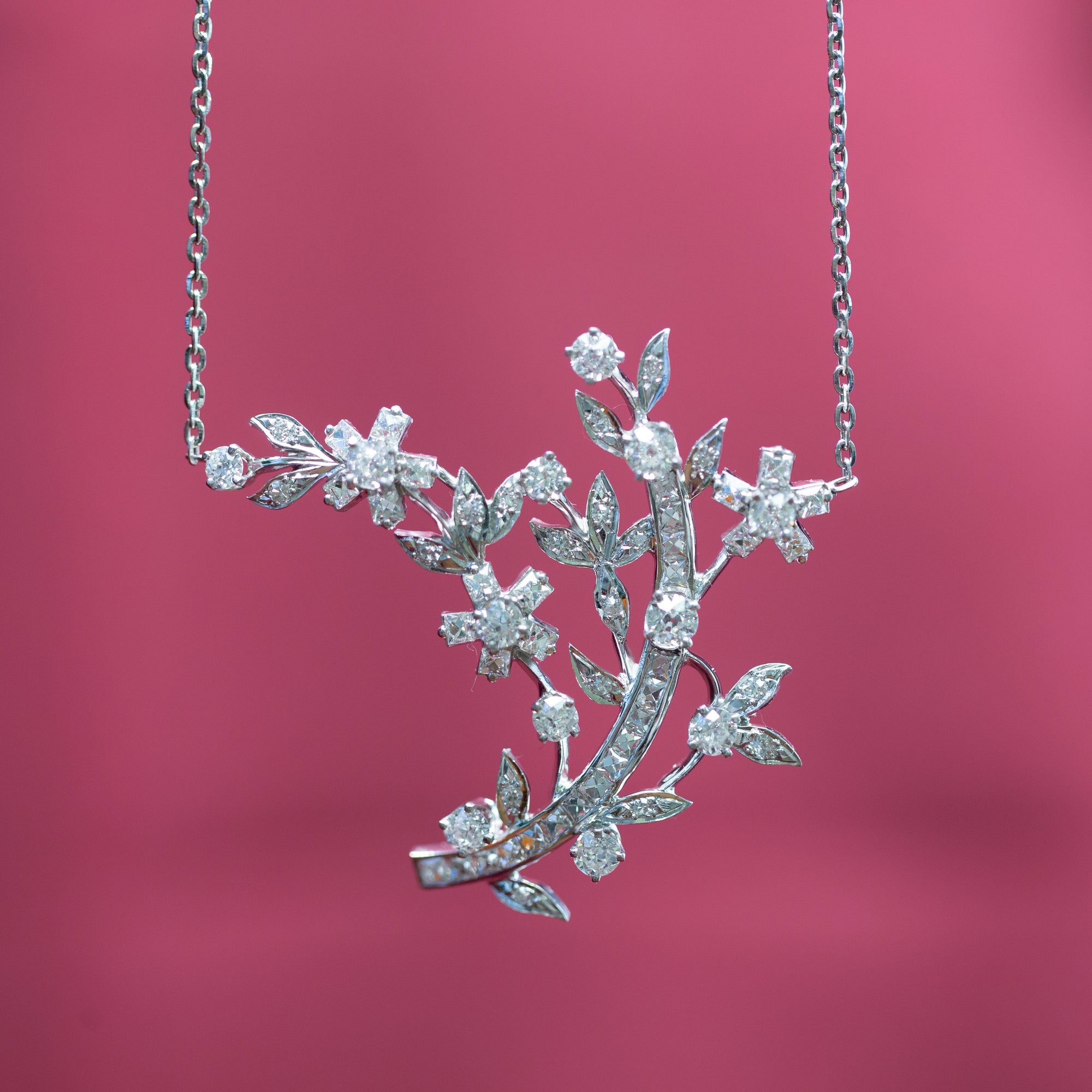 Art Deco Peruzzzi and Old European Cut Diamond Floral Spray Necklace in Platinum