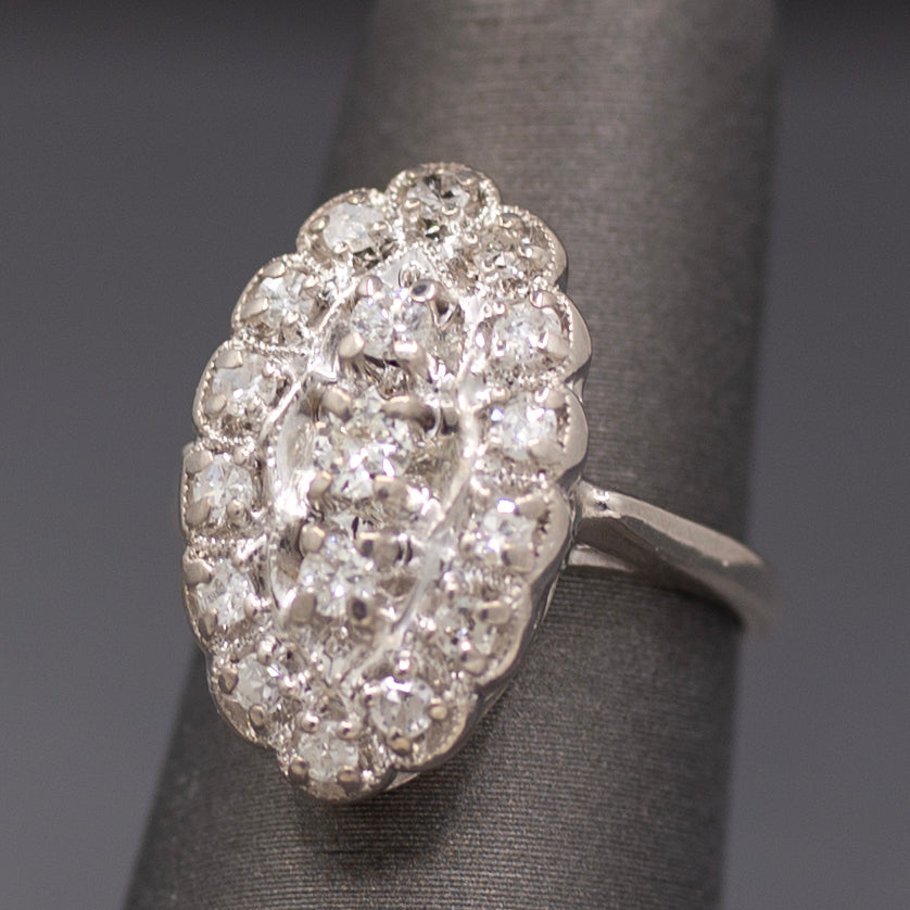 Late Art Deco Diamond Petite Navette Cluster Ring in 14k White Gold
