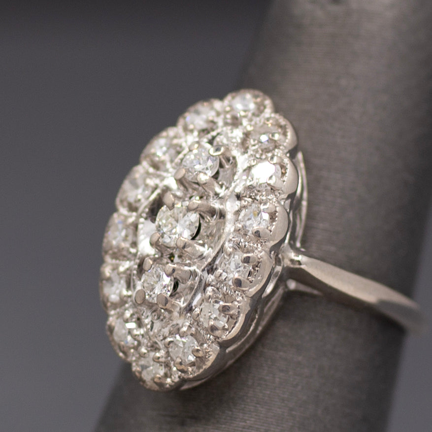 Late Art Deco Diamond Petite Navette Cluster Ring in 14k White Gold