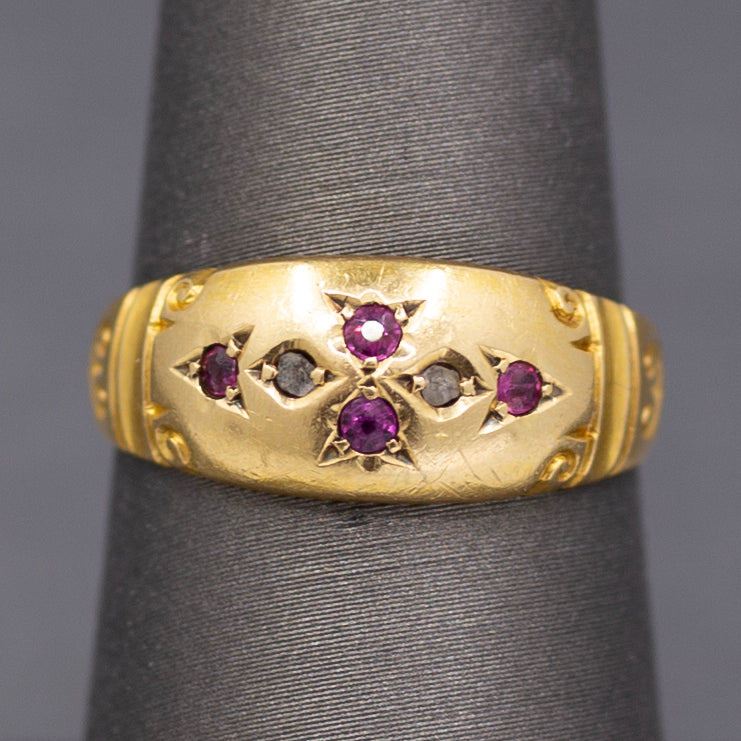 Antique Victorian Ruby and Rose Cut Diamond Band Ring in 18k Yellow Gold