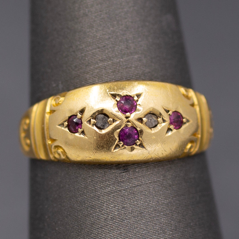 Antique Victorian Ruby and Rose Cut Diamond Band Ring in 18k Yellow Gold