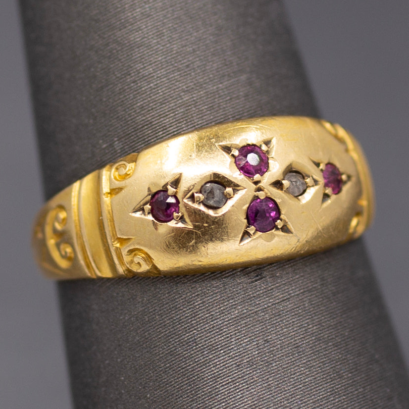 Antique Victorian Ruby and Rose Cut Diamond Band Ring in 18k Yellow Gold