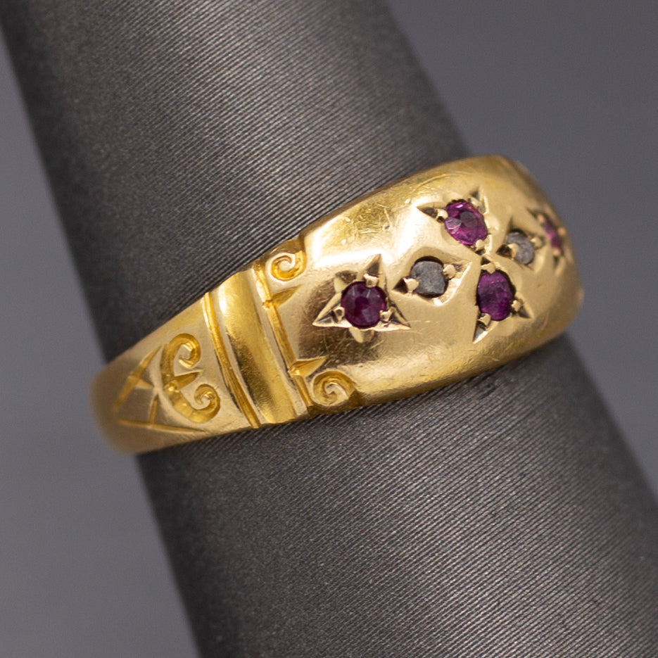 Antique Victorian Ruby and Rose Cut Diamond Band Ring in 18k Yellow Gold