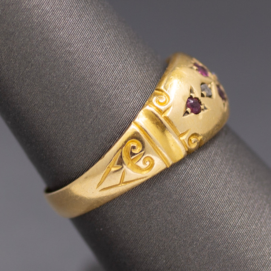 Antique Victorian Ruby and Rose Cut Diamond Band Ring in 18k Yellow Gold