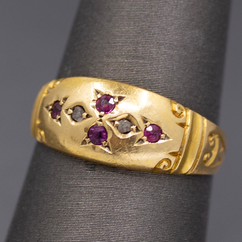 Antique Victorian Ruby and Rose Cut Diamond Band Ring in 18k Yellow Gold