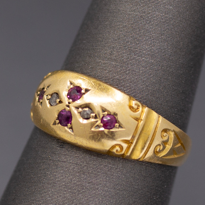 Antique Victorian Ruby and Rose Cut Diamond Band Ring in 18k Yellow Gold