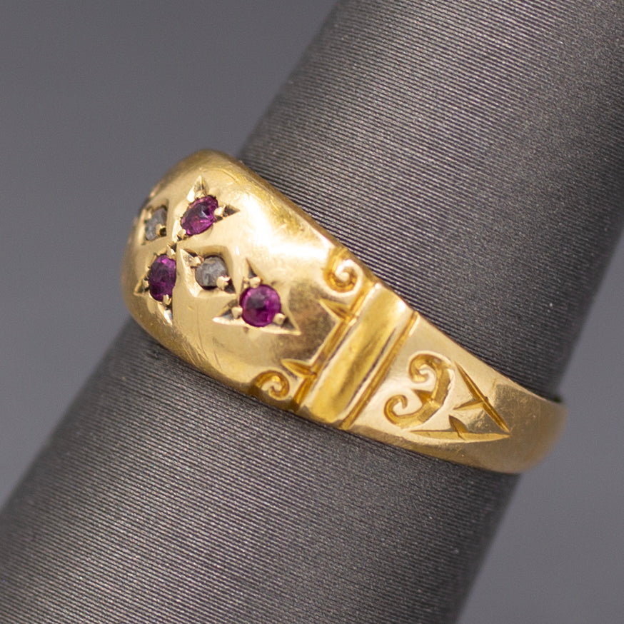 Antique Victorian Ruby and Rose Cut Diamond Band Ring in 18k Yellow Gold