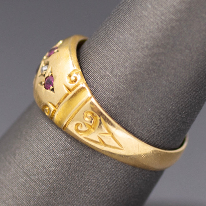 Antique Victorian Ruby and Rose Cut Diamond Band Ring in 18k Yellow Gold
