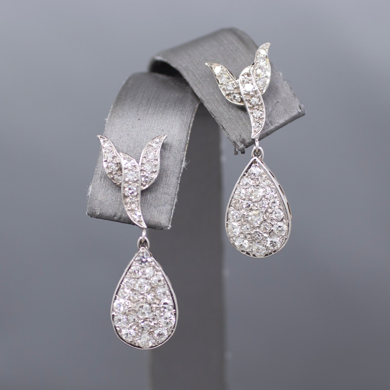 Vintage Pave' Diamond Pear Drop Earrings in 14k White Gold