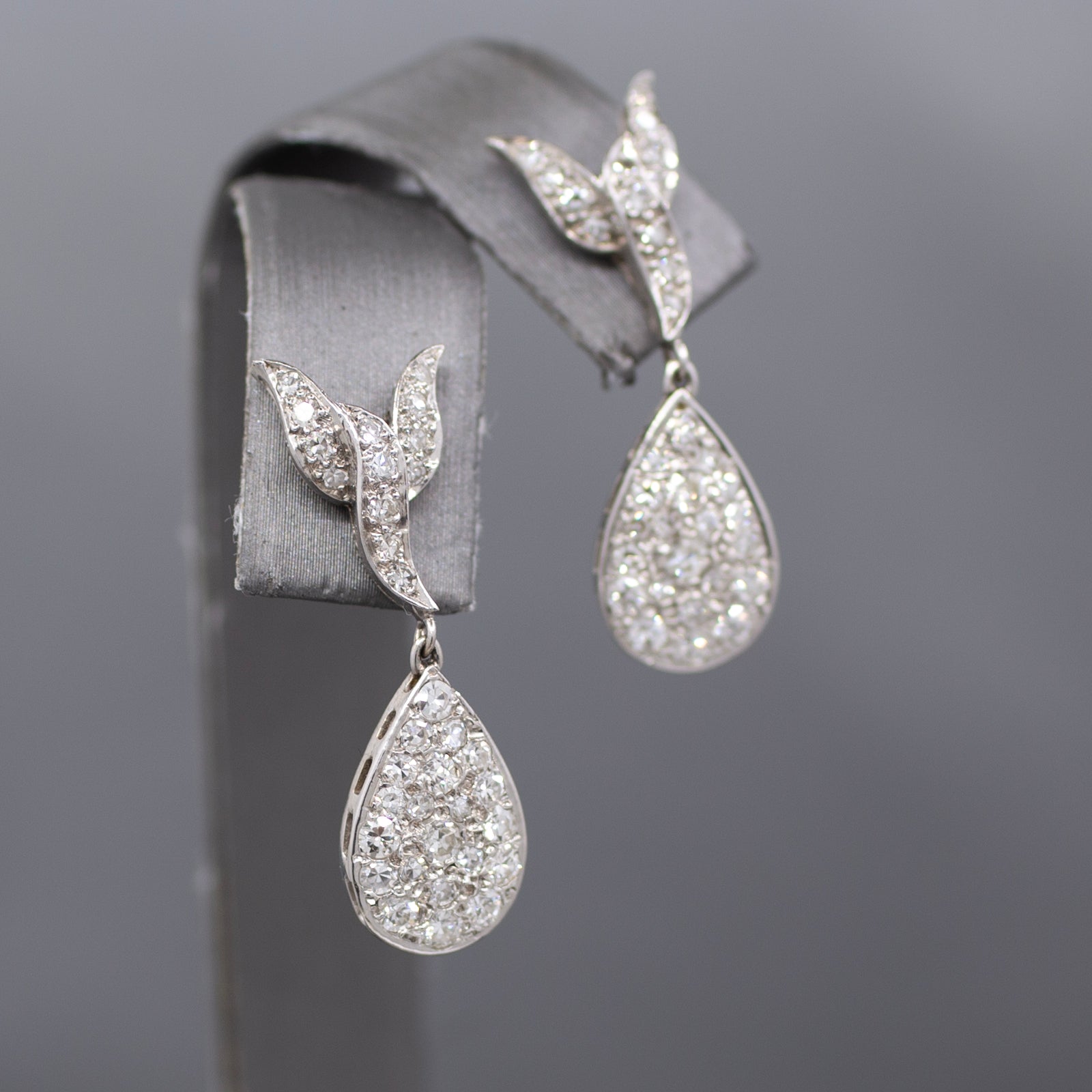 Vintage Pave' Diamond Pear Drop Earrings in 14k White Gold