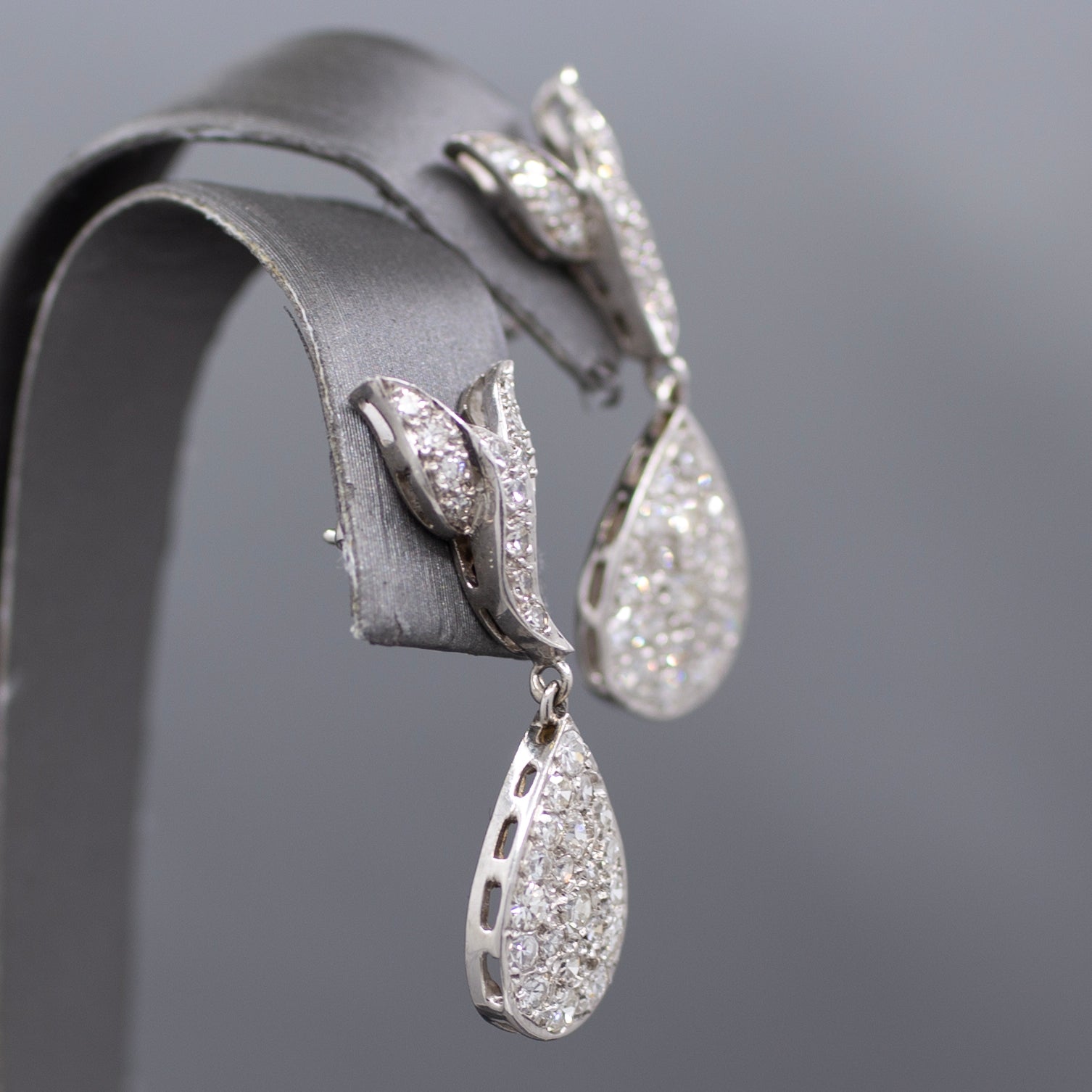 Vintage Pave' Diamond Pear Drop Earrings in 14k White Gold