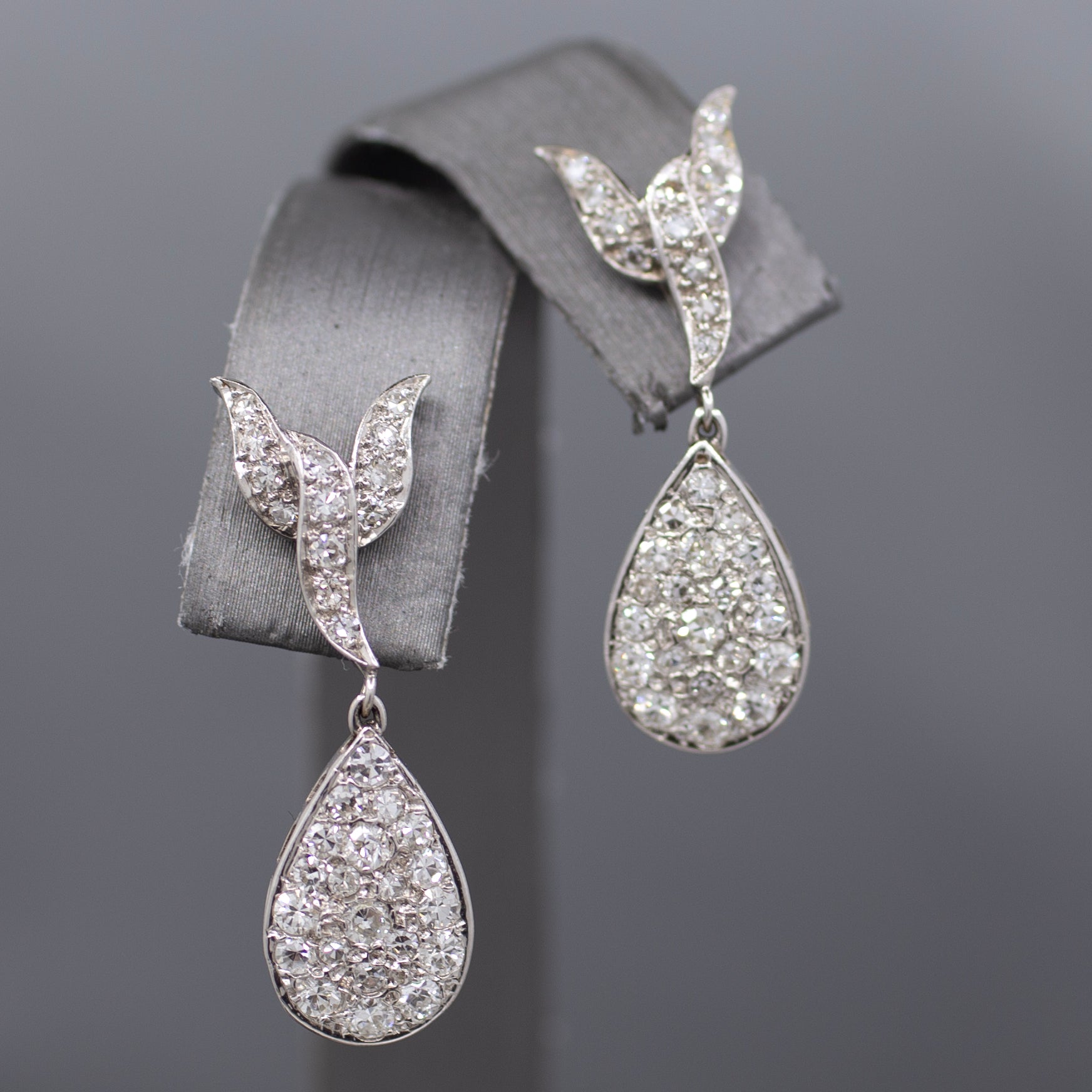 Vintage Pave' Diamond Pear Drop Earrings in 14k White Gold