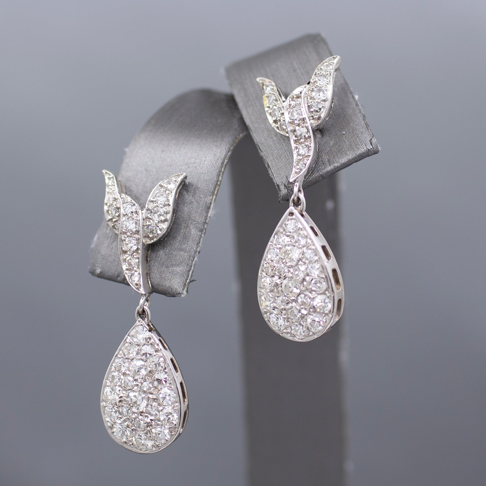 Vintage Pave' Diamond Pear Drop Earrings in 14k White Gold