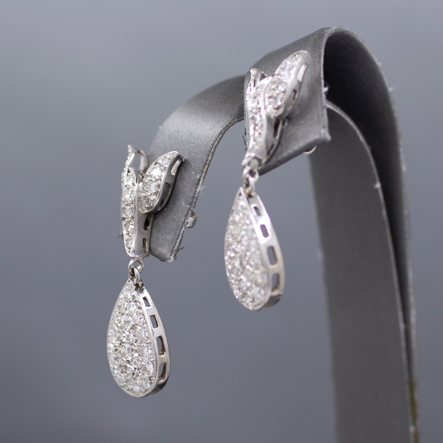 Vintage Pave' Diamond Pear Drop Earrings in 14k White Gold