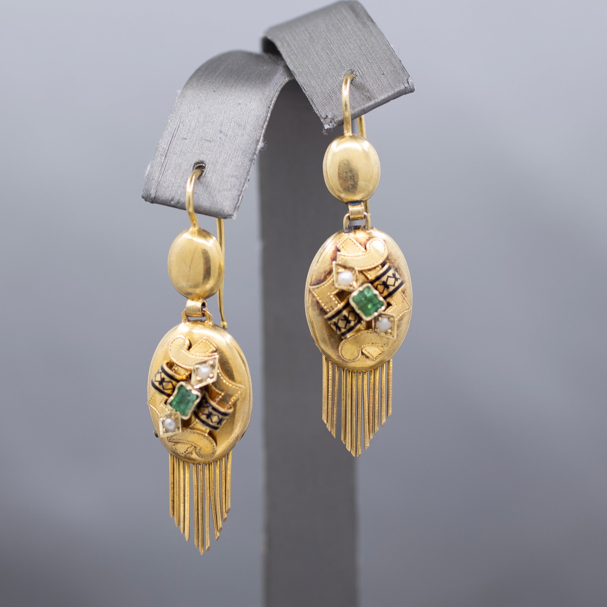 Antique Victorian Emerald and Pearl Fringe Dangle Earrings in 14k Yellow Gold
