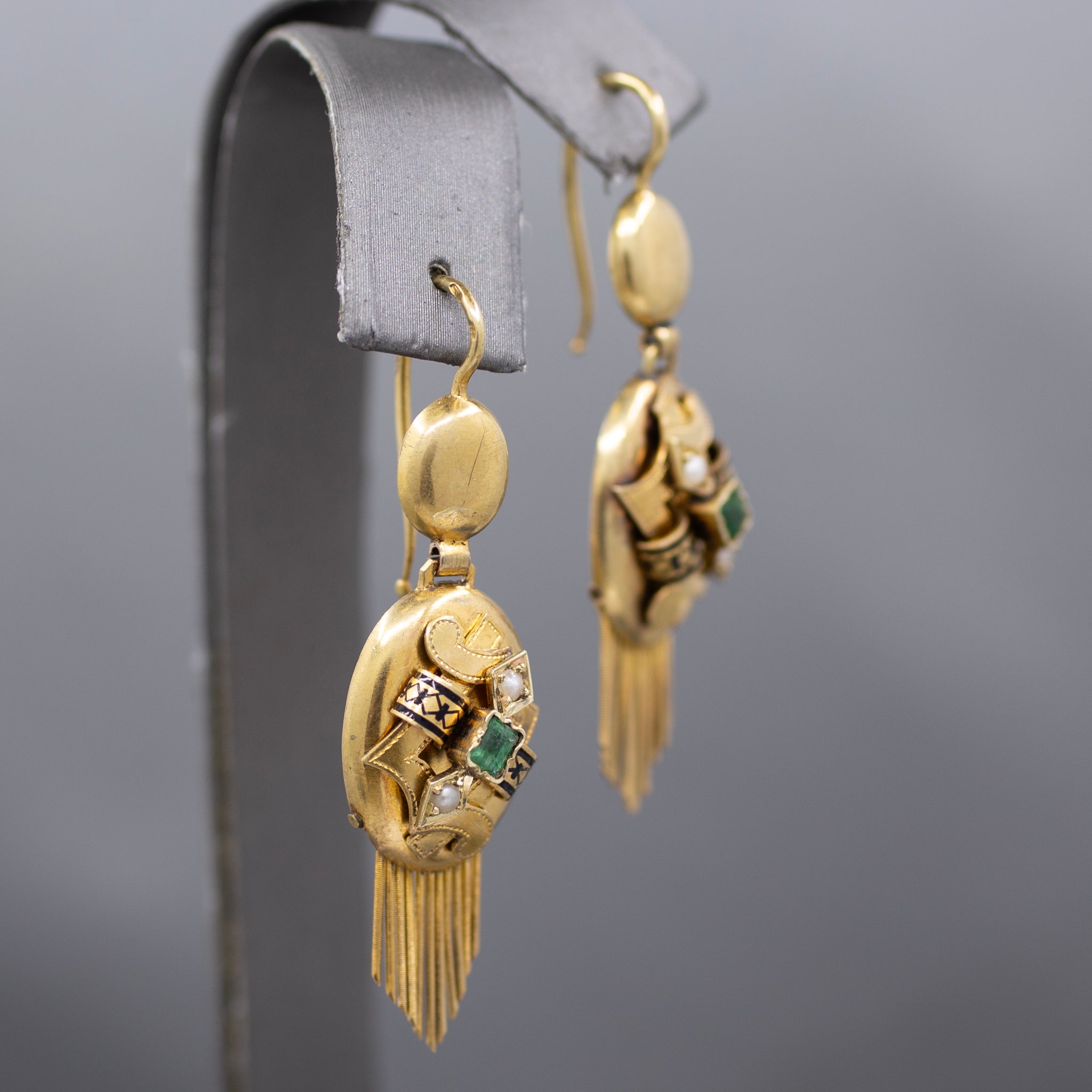 Antique Victorian Emerald and Pearl Fringe Dangle Earrings in 14k Yellow Gold